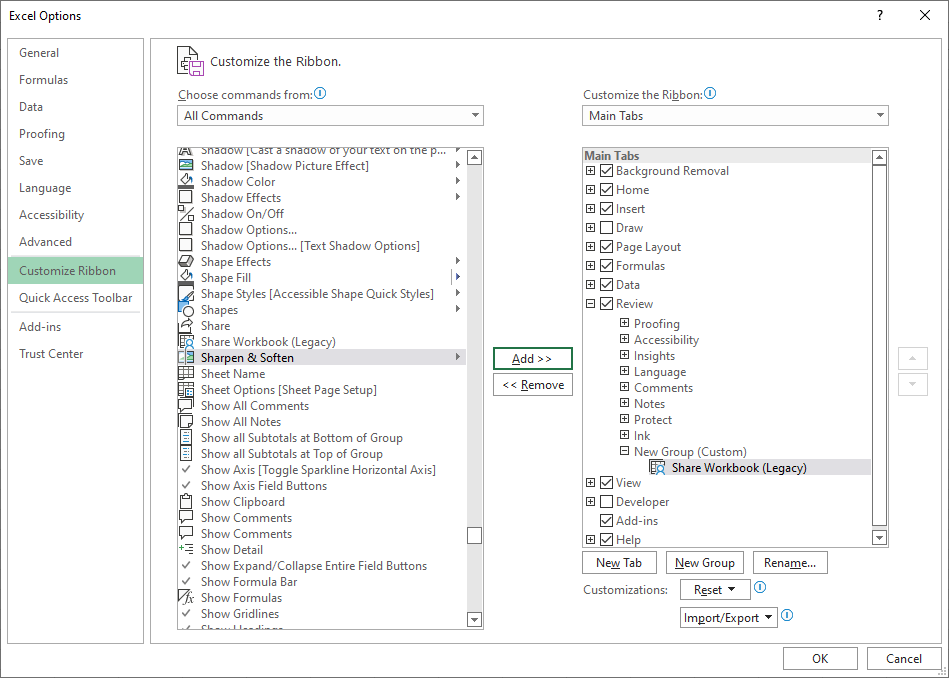 Excel在右側添加了Share Workbook