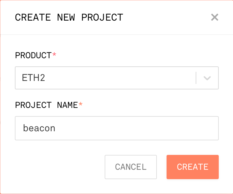 點選 Create new project. PRODUCT 選擇 ETH2; 而 PROJECT NAME 隨意.